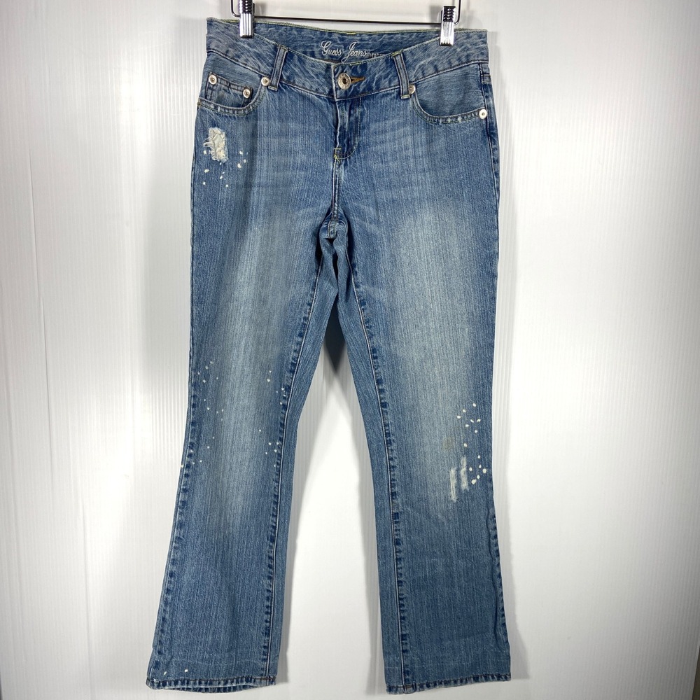 VTG Y2K Guess Malibu Straight Leg Bleach Splatter Low Rise Blue Jeans Womens 27